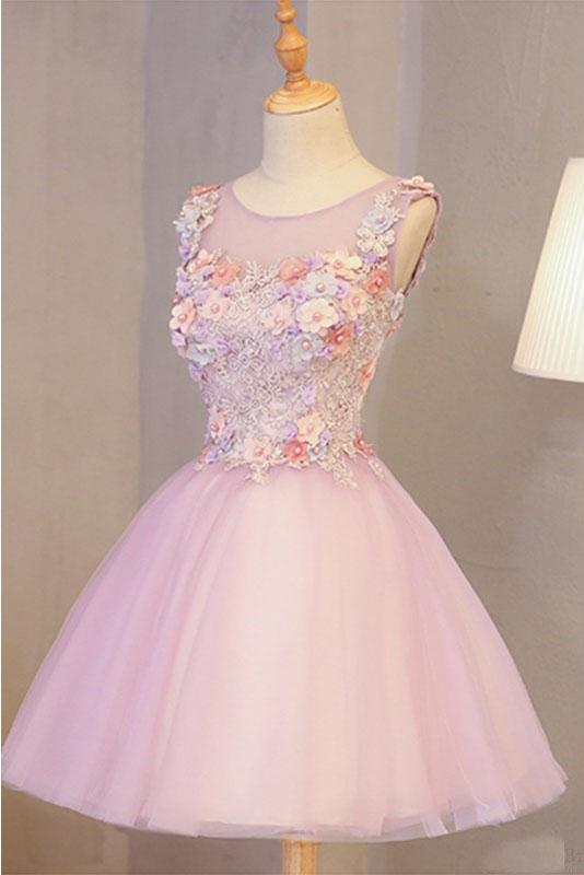 A Line Pink Tulle Homecoming Dress With Flowers, Short Prom Dress With ...