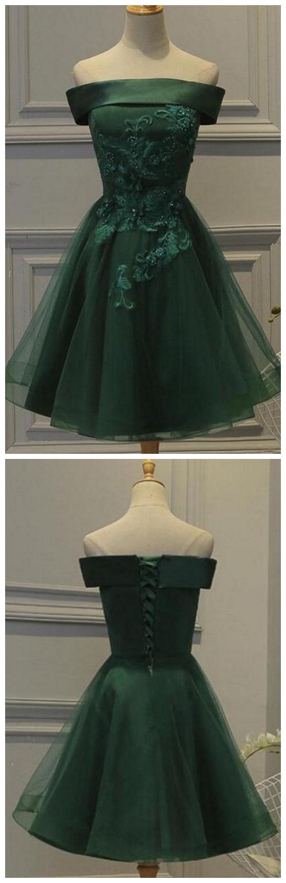 Dark Green Off The Shoulder Tulle Homecoming Dress, A Line Appliqued Short Prom Dress