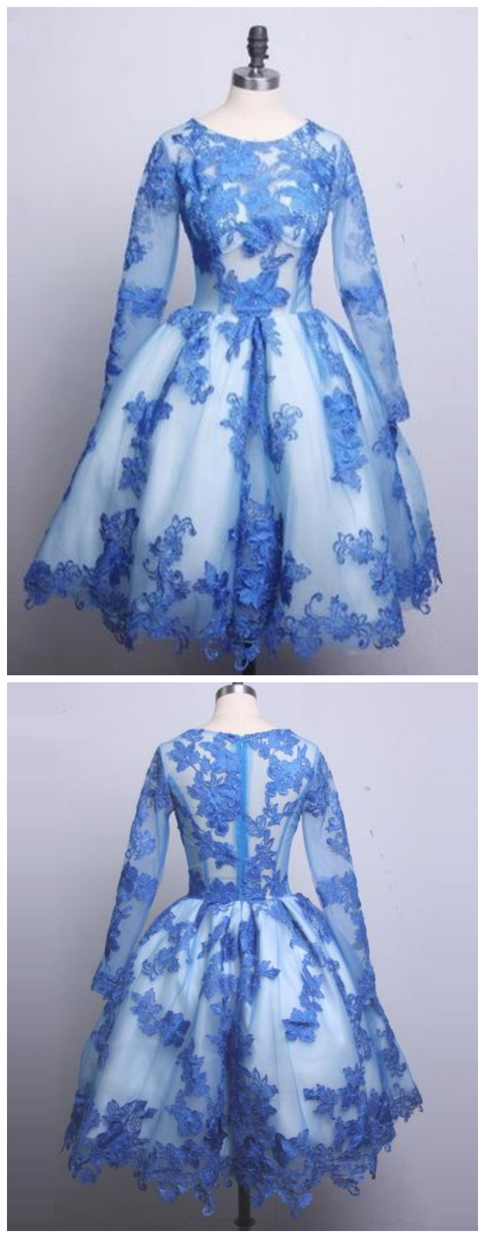 Blue Long Sleeves Homecoming Dresses,lace Appliques Cocktail Dresses