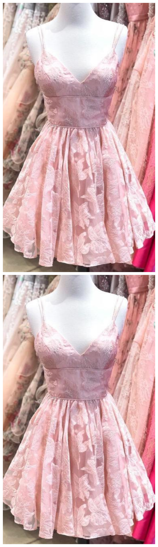 Pink V Neck Sleeveless Lace Homecoming Dresses,a Line Cocktail Dresses