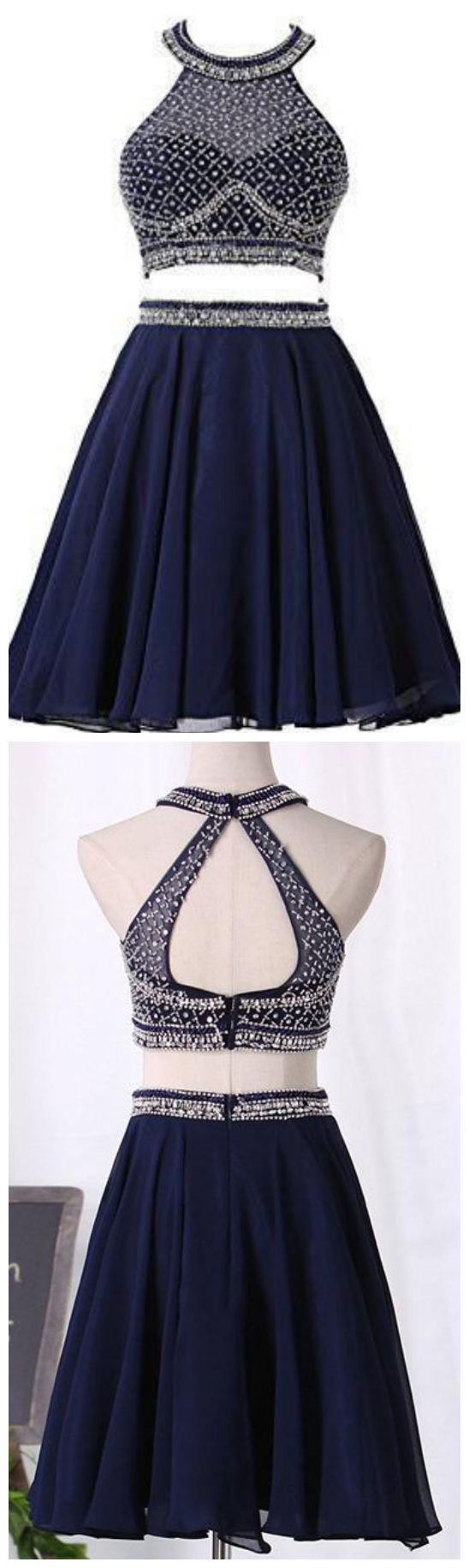 Navy Blue Two Pieces Sleeveless Beaded A Line Homecoming Dresses