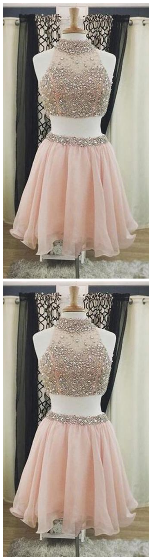 Sleeveless Beaded Homecoming Dresses,two Pieces Cocktail Dresses