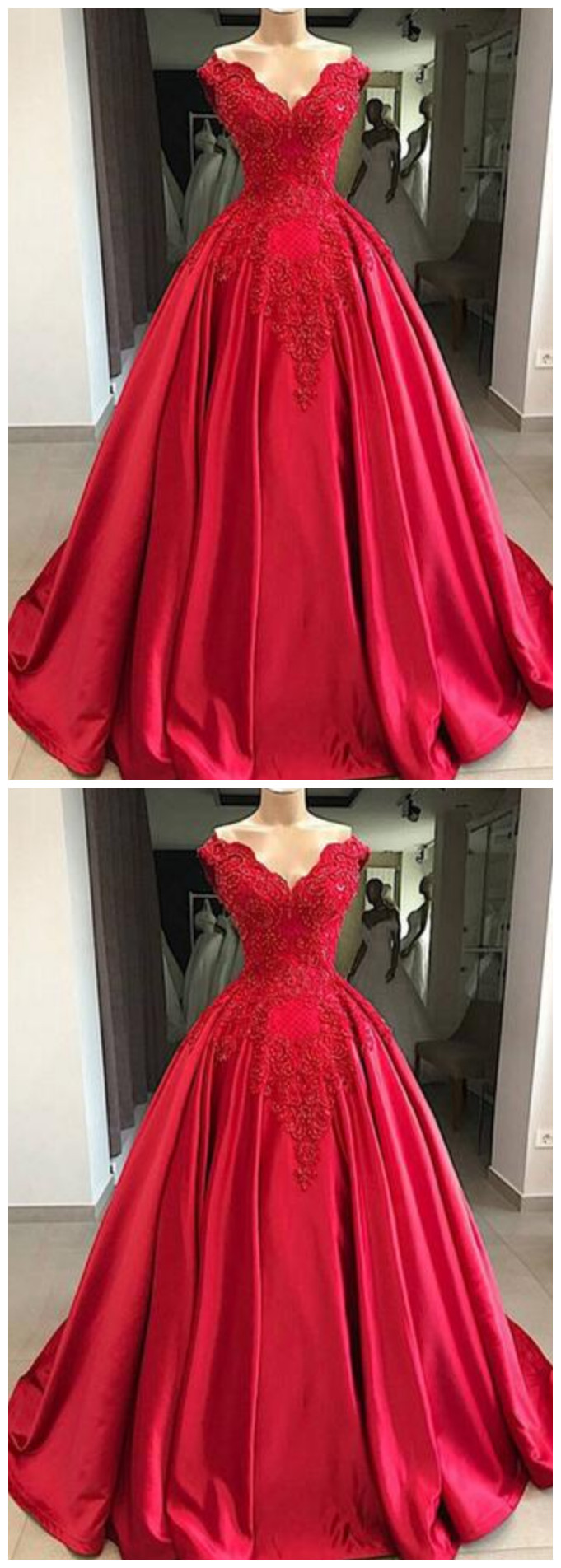 Red V Neck Off Shoulder Lace Beaded Prom Dresses Long Evening Dresses