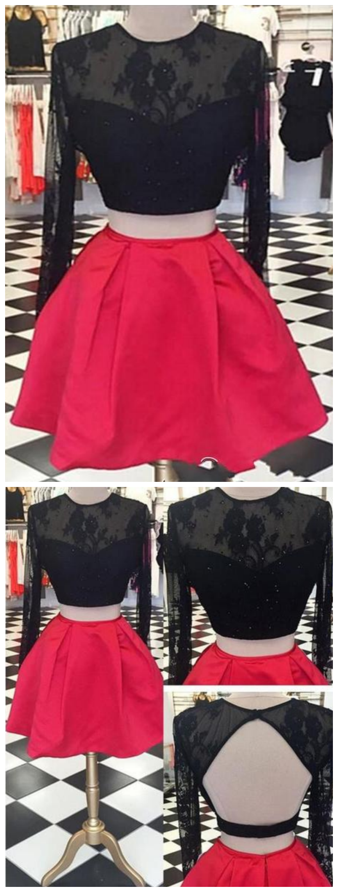 Two Pieces Long Sleeve Open Back Homecoming Dresses Cocktail Dresses