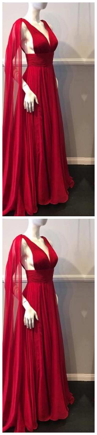 Red Prom Dresses A-line Sweep/brush Train V-neck Beautiful Prom Dress Long Evening Dress