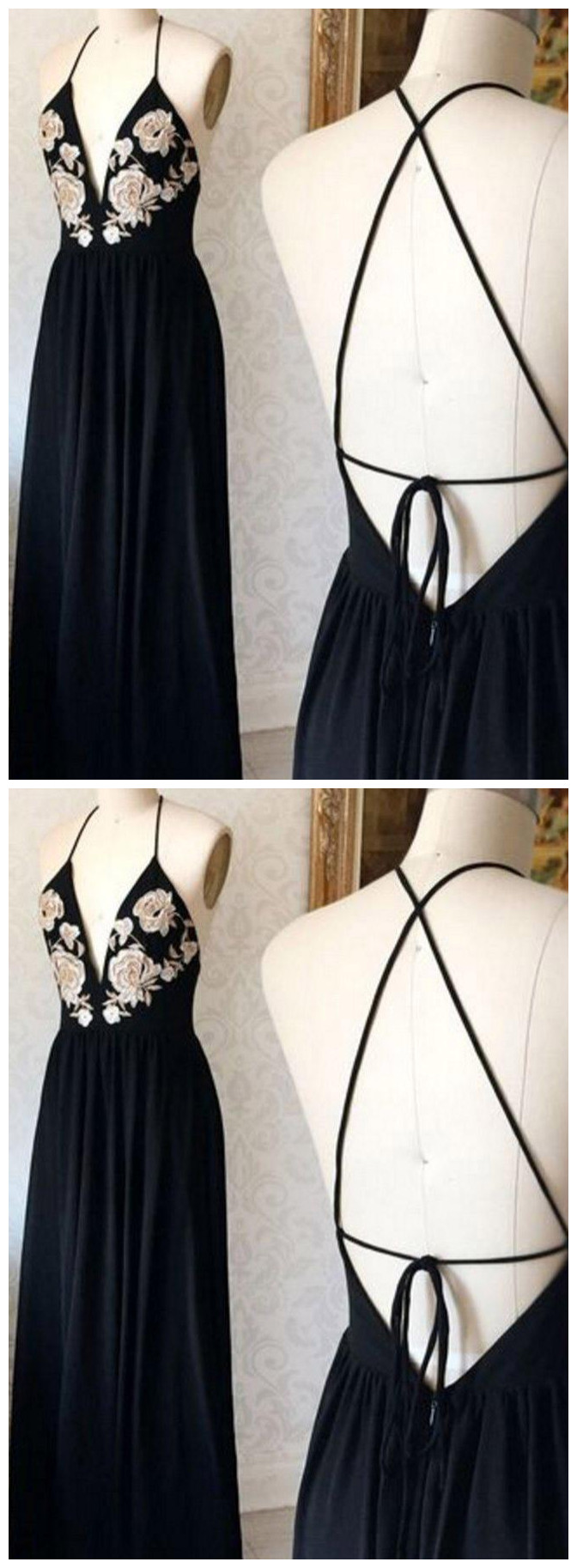 Black Prom Dresses Spaghetti Straps A Line Appliques Chiffon Sexy Prom Dress