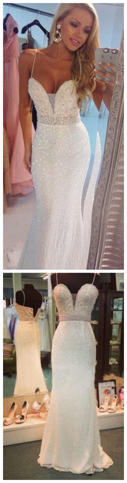Prom Dresses Spaghetti Straps Sheath Column Sequins Long Prom Dress