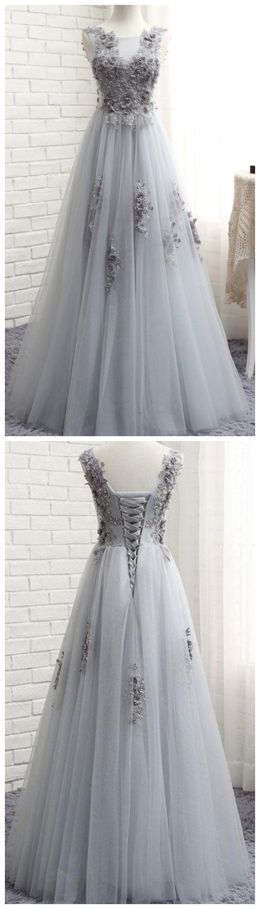 Tulle Jewel Neckline Floor-length A-line Prom Dresses With Lace Appliques