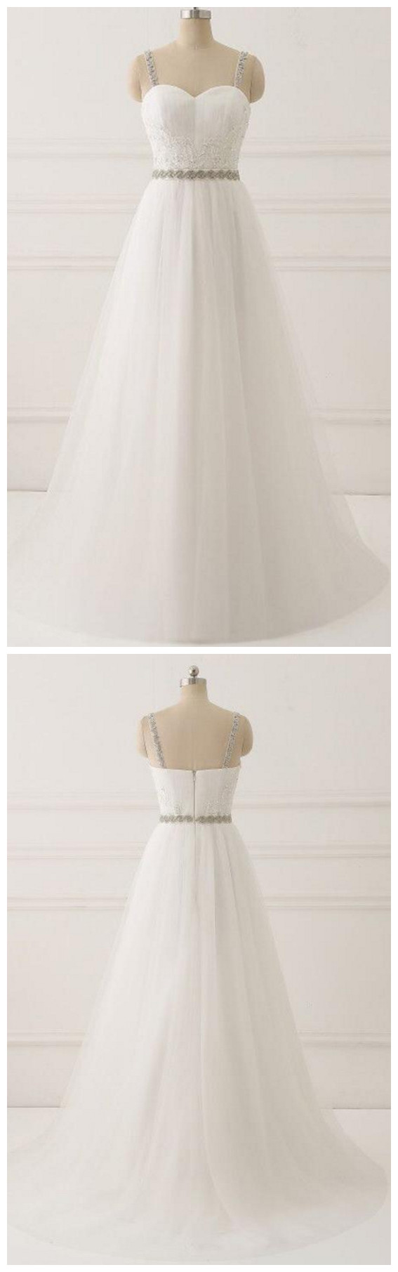 White Spaghetti Straps Tulle Beads Appliques Sweetheart Zipper Prom Dresses