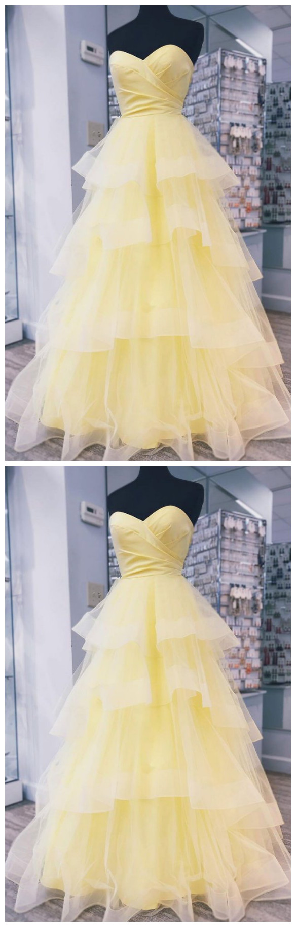 Yellow Sweetheart Tulle Long Prom Dress With Layered Dance Gown