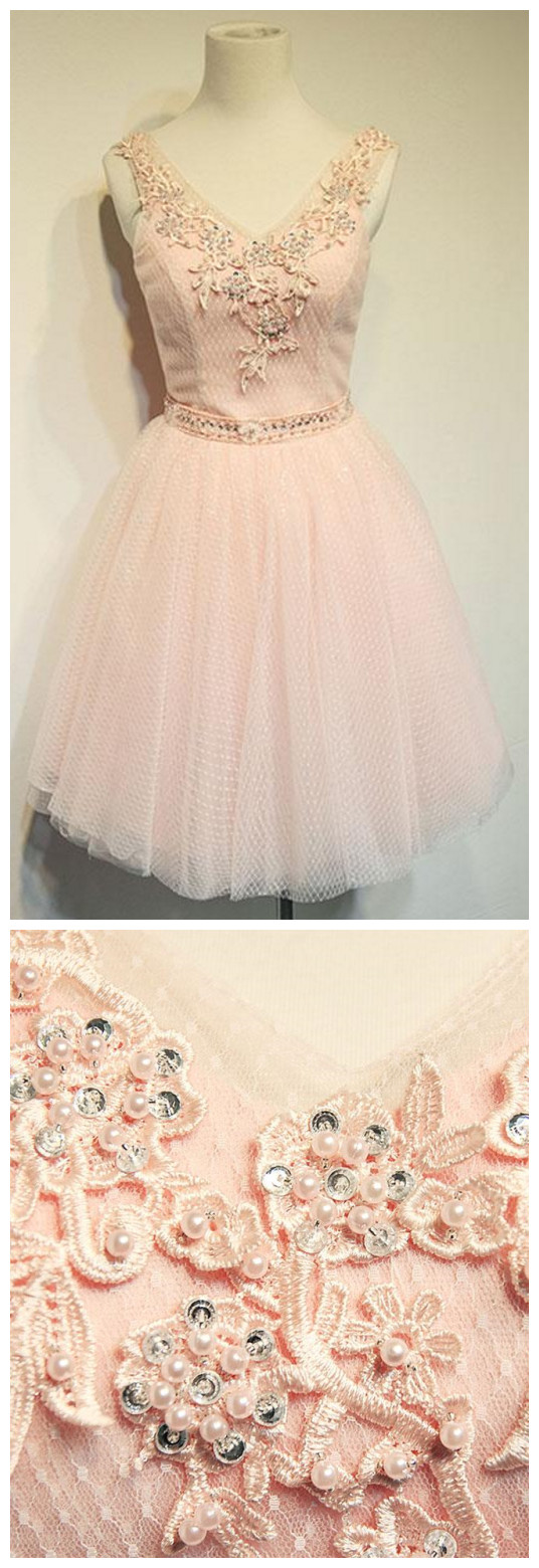 Cute V Neck Lace Short Prom Dress, Homecoming Dress