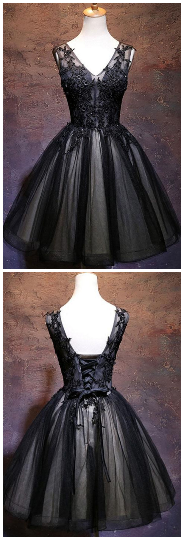 Black V Neck Lace Short Prom Dress, Black Evening Dress