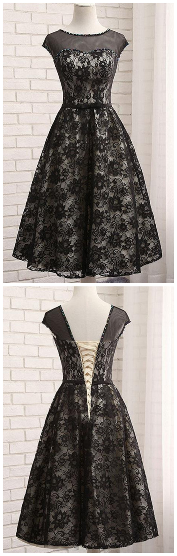 Black Lace Tea Length Prom Dress, Black Evening Dress