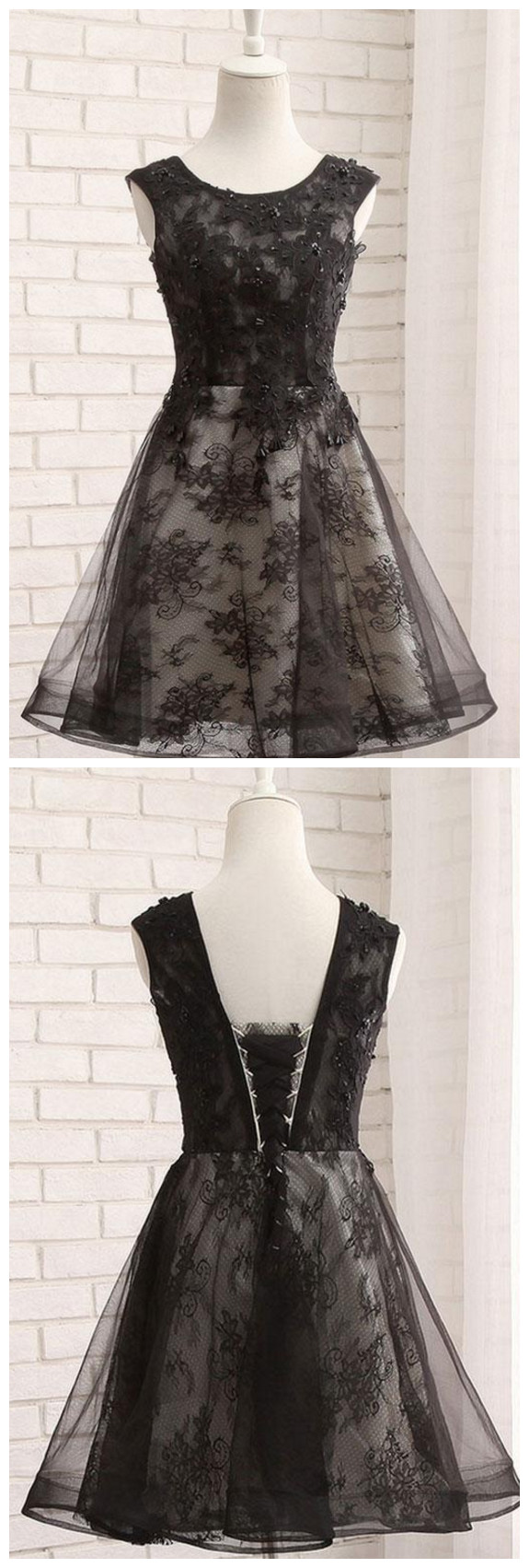 Black Lace Short Prom Dress, Black Evening Dres