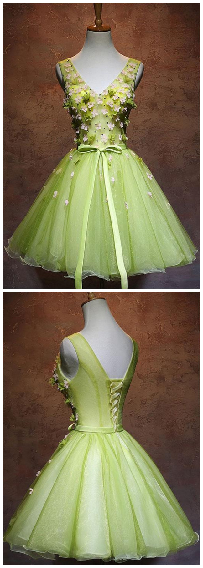 V Neck Tulle Short Prom Dress, Green Homecoming Dress