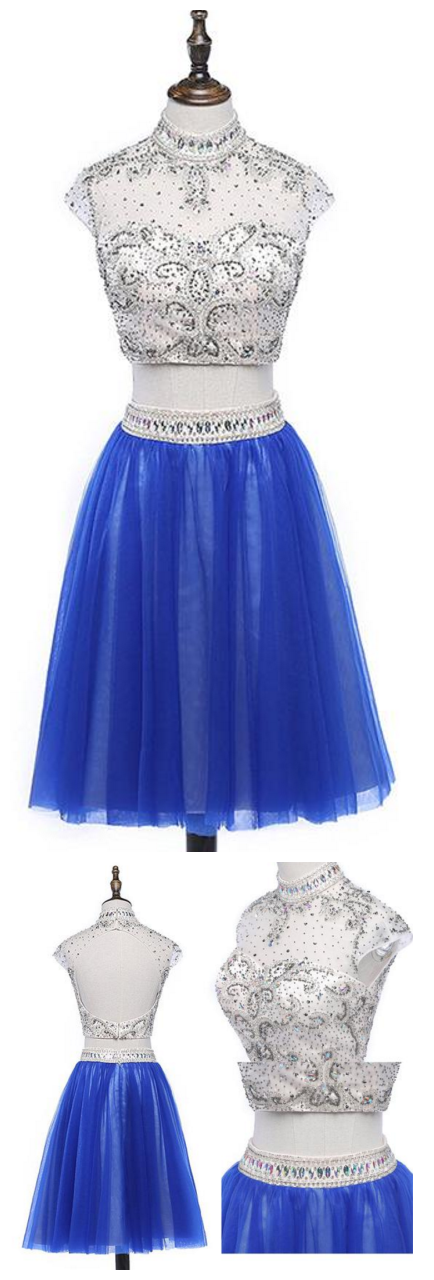 2 Pieces Homecoming Dress Custom Made Cute Royal Blue Cocktail Party Dress Fashion Short Open Back Tulle Beadings School Dance Dresses