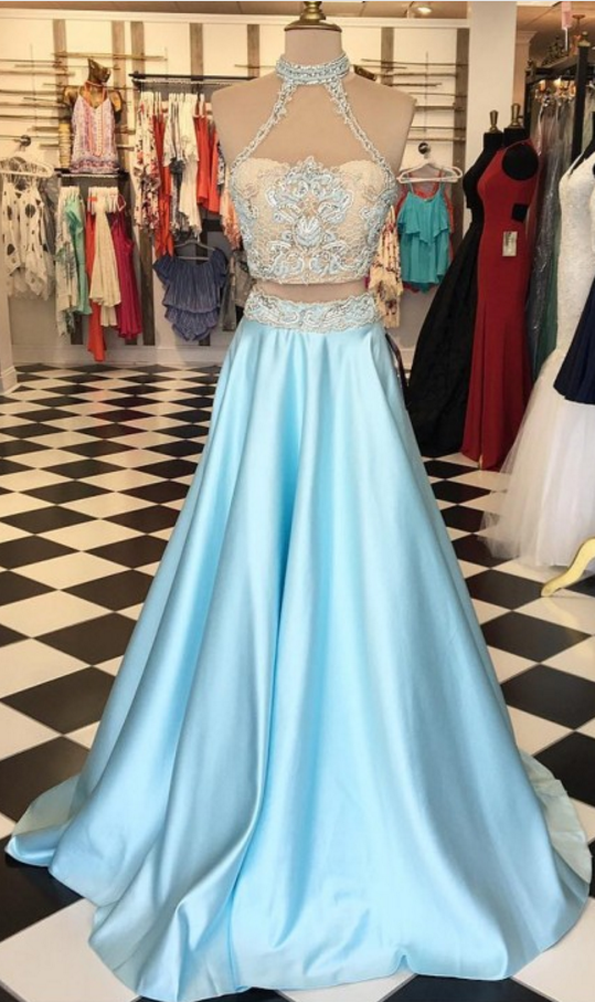 Light Blue Prom Dress, High Neck Prom Dress, A Line Prom Dress, Satin Prom Dress, Simple Prom Dress, Elegant Prom Dress, Prom Dress,