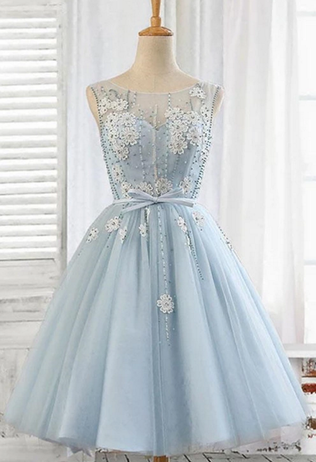 light up homecoming dresses H8 Light Blue Homecoming Dress with Feather Straps Light Blue / 2 main image 1
