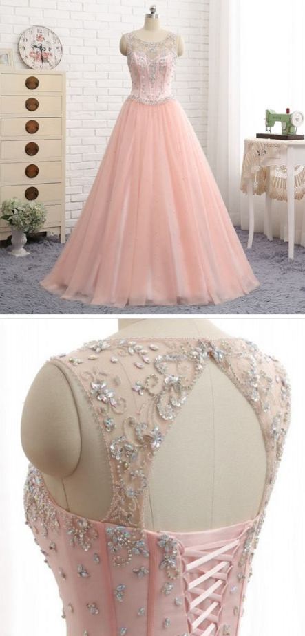 Sexy Open Back Prom Dress, Scoop Neckline Blush Pink Evening Dress, Beaded Tulle Party Dress, Evening Dresses
