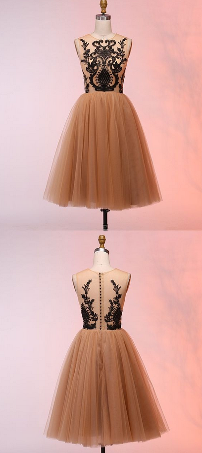 A-line Round Neck Short Champagne Homecoming Dress With Appliques