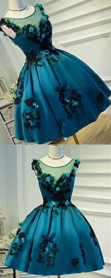 Gorgeous Short Satin Homecoming Dress With Flowers, A Line Mini Prom Dress With Appliques, Lace Up Back Short Sweet 16 Dresses