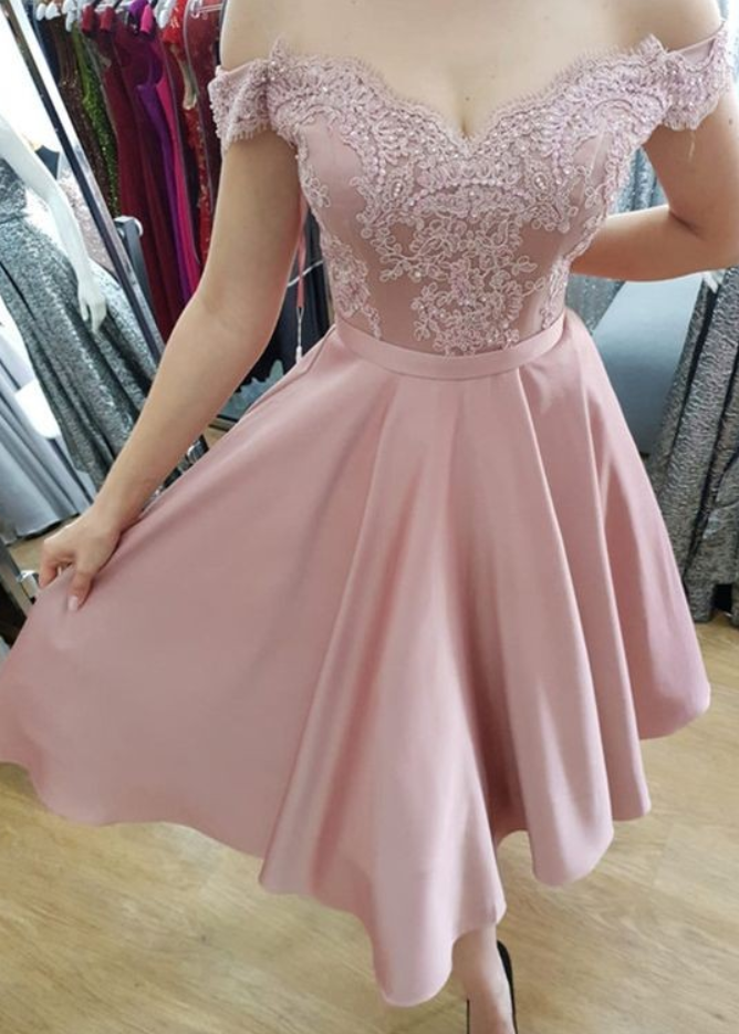 Cute Pink Lace V-neck Homecoming Dress,off The Shoulder Homecoming Dresses, Tea Length Party Gowns,formal Dresses, Woman Evening Dress, Prom