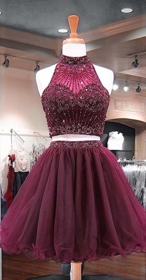 Burgundy two piece prom dress best sale