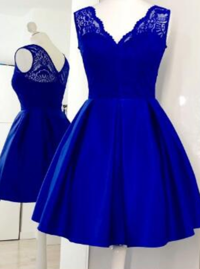 Royal Blue Satin Prom Dress,short Homecoming Dress With Lace,v-neck Homecoming Dress