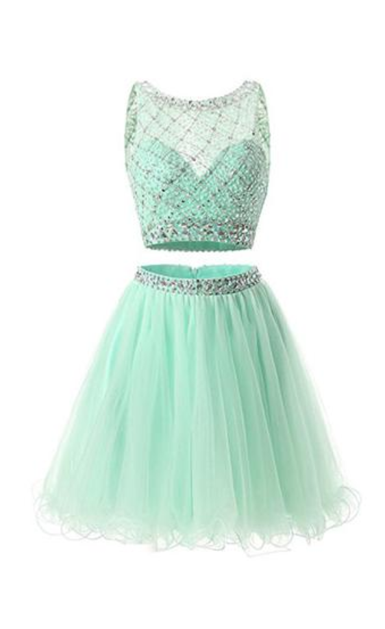 Two Pieces Homecoming Dresses,mint Homecoming Dresses,beaded Homecoming Dresses,a-line Homecoming Dresses,short Prom Dresses