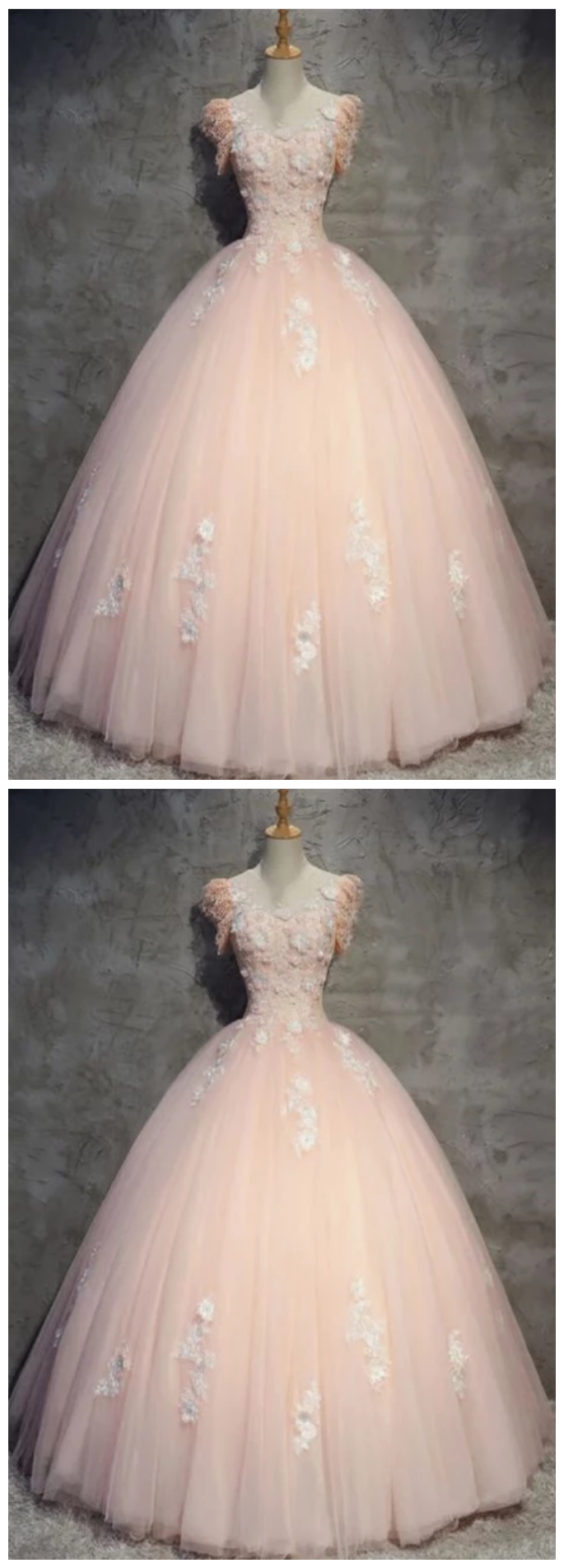 Pink Tulle Lace Long Prom Gown, Pink Evening Dress