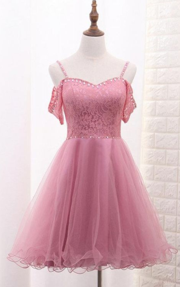Spaghetti Straps Short Tulle Homecoming Dresses With Lace Top
