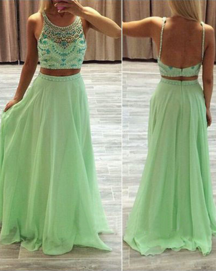 2 Piece Prom Gown,two Piece Prom Dresses,sage Evening Gowns,2 Pieces Party Dresses,chiffon Evening Gowns,backless Formal Dress,sparkly Evening