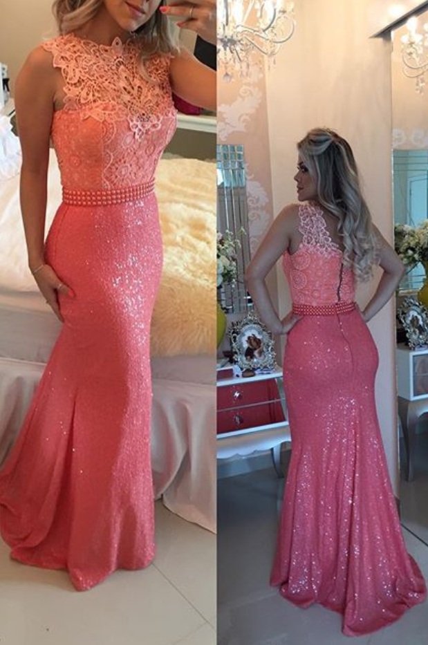 Custom Made Charming Pink Prom Dress, Sexy Sleeveless Evening Dress, Sequins Beading Prom Dress