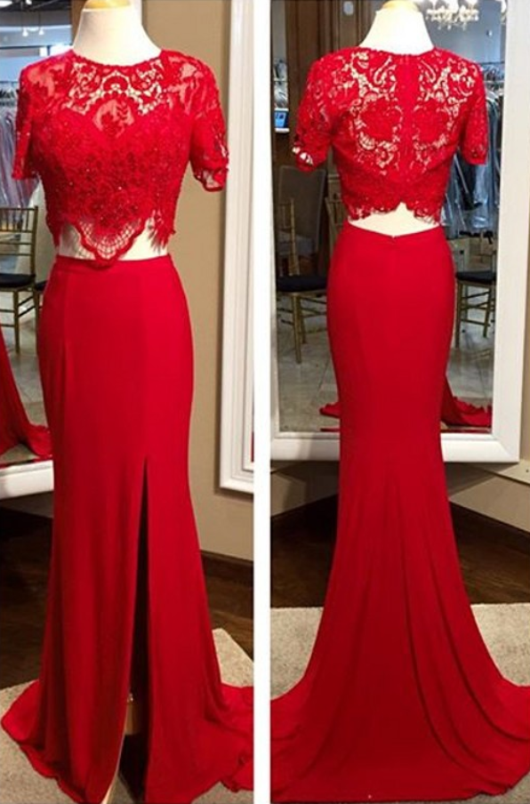Custom Made Charming Red Two Pieces Prom Dresses, Red Lace Beading Prom Dress,sexy Side Slit Prom Dress