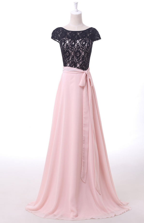 Cap Sleeved Lace A-line Long Prom Dress. Evening Dress, Bridesmaid Dress Featuring Lace-up Back And Bow Accent