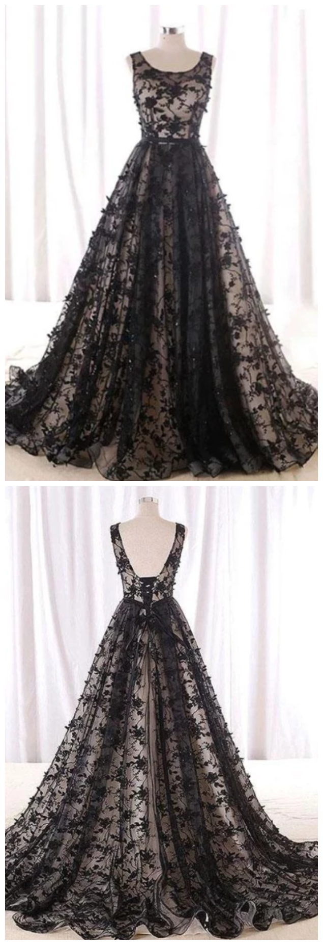 Black Round Neck Tulle Long Beads Lace A-line Lace Up Sleeveless Prom Dresses