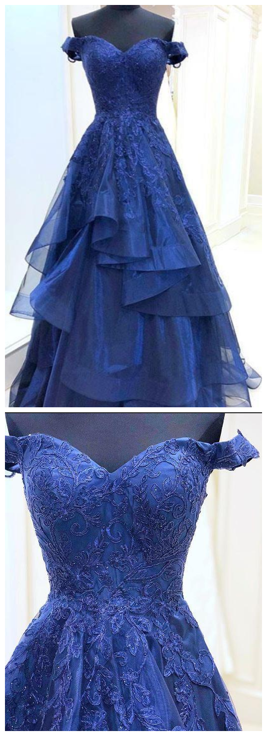 A Line Royal Blue Lace Appliques Sweetheart Beads Long Prom Dresses With Tulle