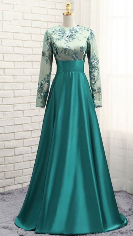 Green Muslim Evening Dresses A-line Long Sleeves Satin Sequins Elegant Long Saudi Arabic Evening Gown Prom Dresses ,custom Made,party Gown,