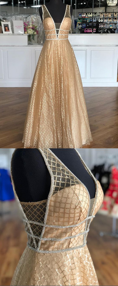 Champagne V-Neck Sequins Evening Front Split Prom Dress With Long Sleeves,DP0169 main image 1