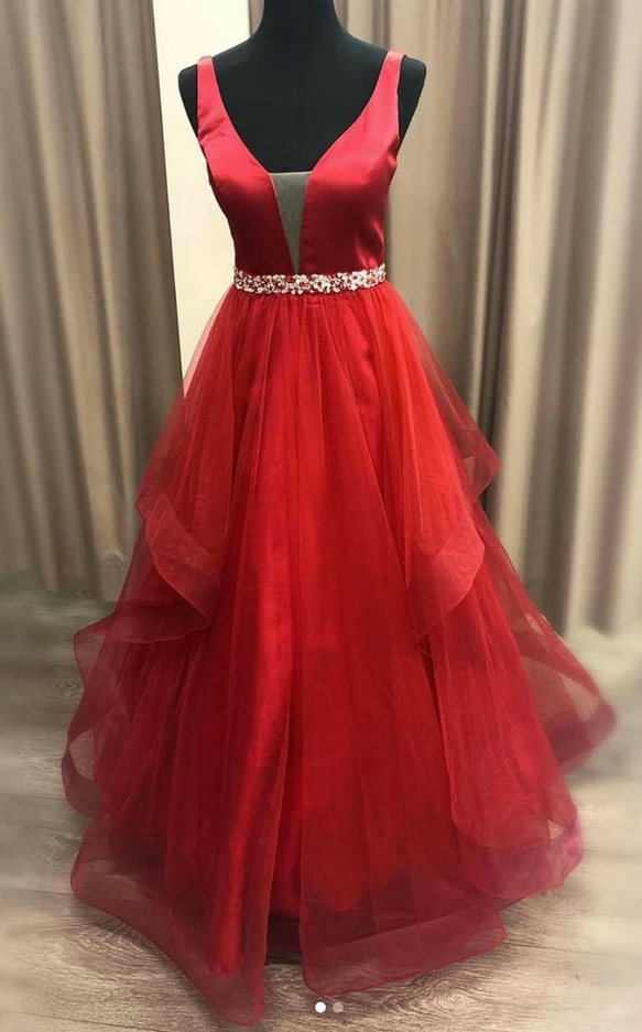 Red Satin Tulle V Neck Beaded Waistline Long Prom Dress, Evening Dress