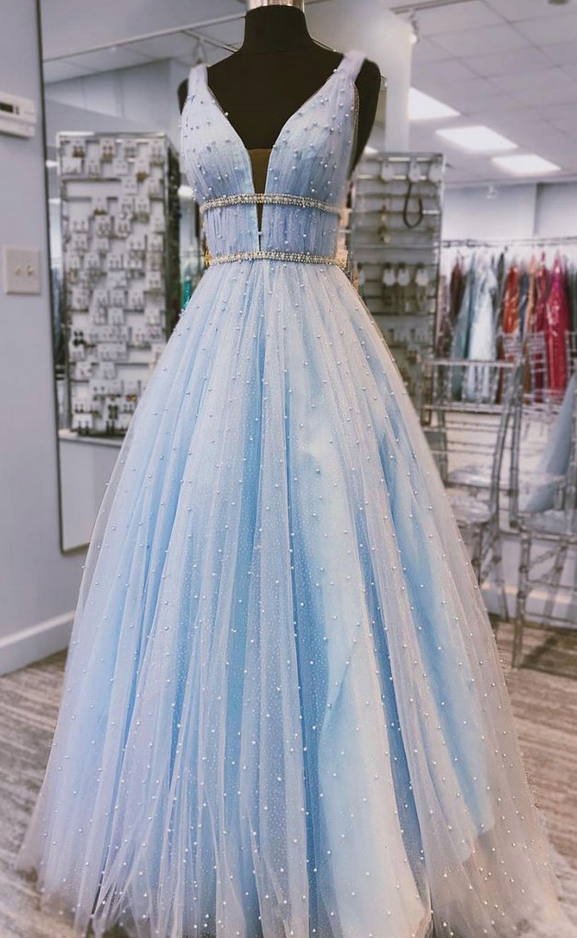 Light Blue Tulle V Neck Pearl Beaded Long Prom Dress, Evening Dress
