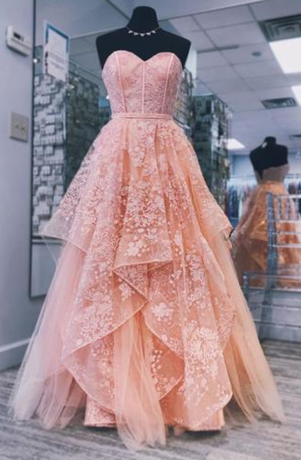 Sweetheart Pink Lace Floor Length Evening Dress, Formal Prom Dress