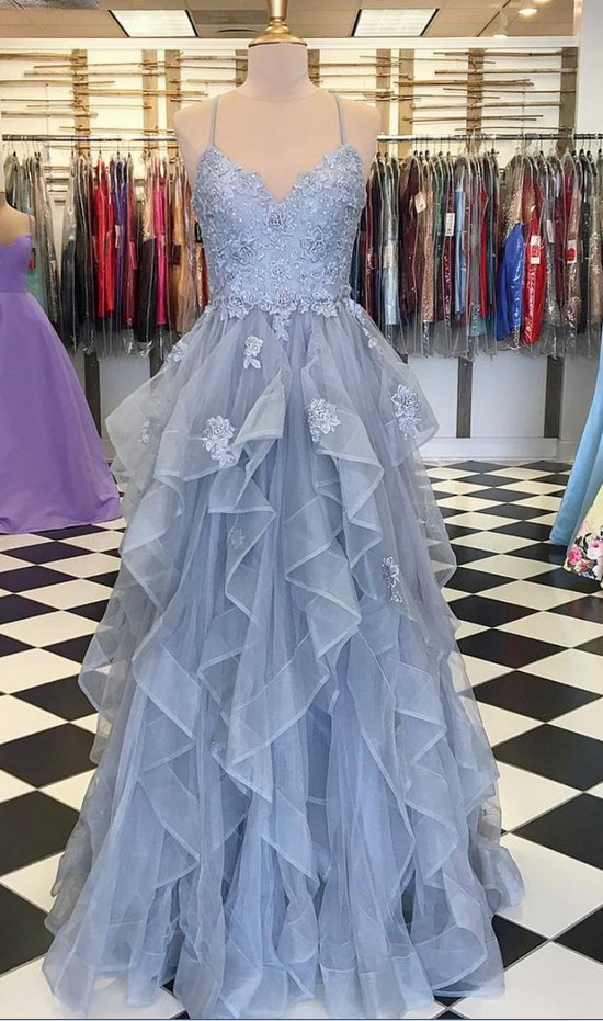 Blue Gray Tulle Ruffles Long Spaghetti Straps Evening Dress, Prom Dress