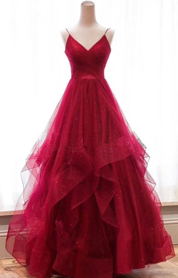 A Line Red Ruffles Spaghetti Straps V Neck Prom Dresses Backless Long Evening Dresses