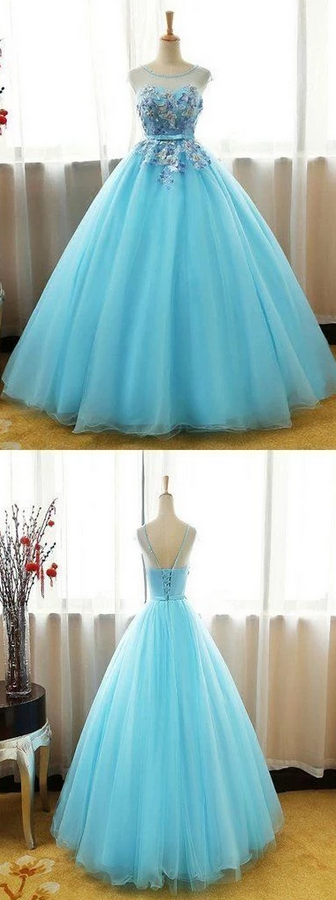 Exquisite Ball Gown Scoop Neckline Sleeveless Appliqued Long Prom Dresses