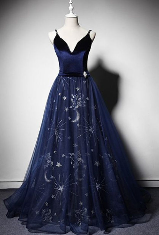 Midnight blue velvet evening on sale dress