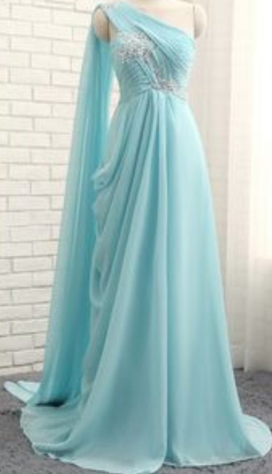 Turquoise Evening Dresses A-line One-shoulder Chiffon Beaded Crystals Long Evening Gown Prom Dress Prom Gown