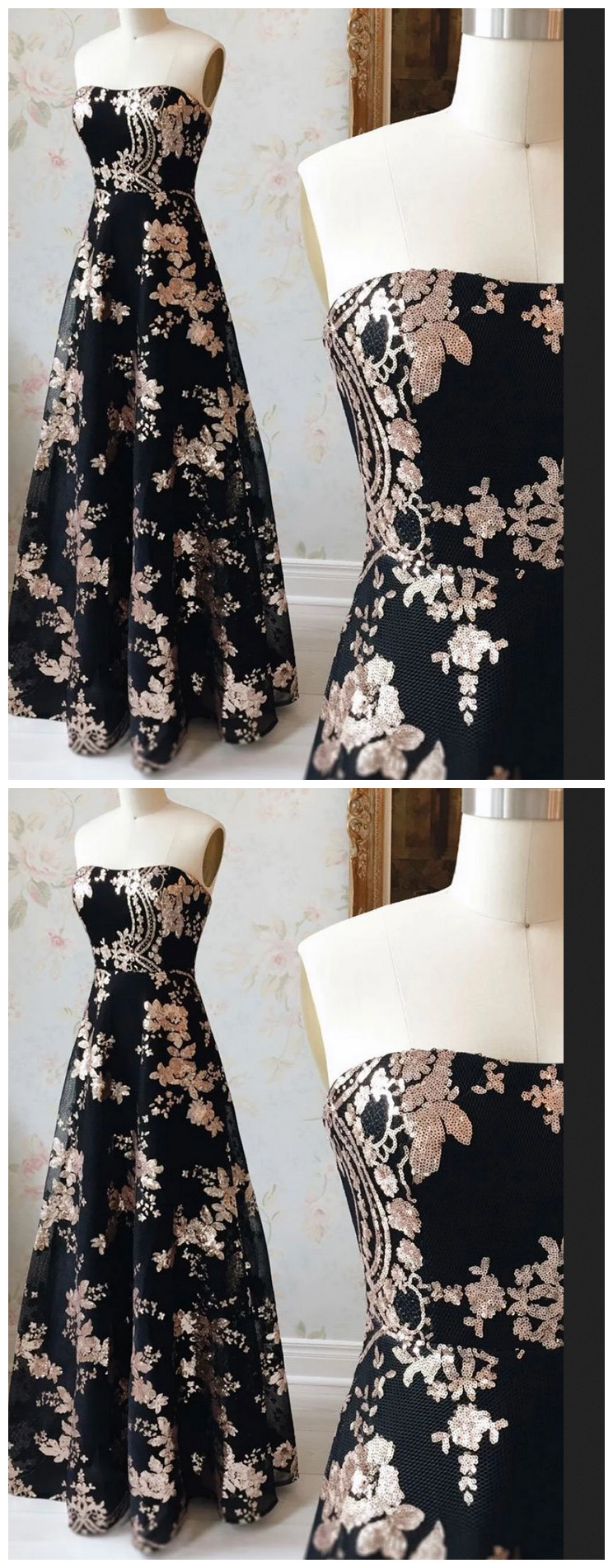 Black Sequin Lace Long Prom Dress Black Evening Dress