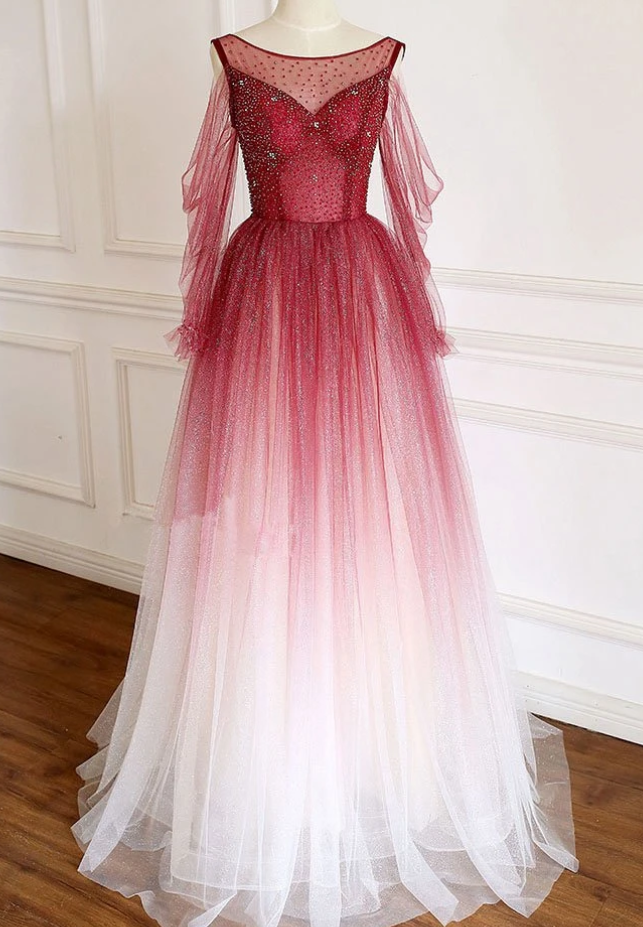 Burgundy O Neck Sequin Beads Tulle Formal Prom Dress, Burgundy Evening Dress