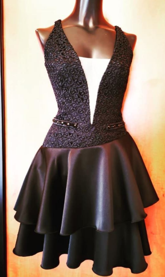 Black Lace Deep V-neck Flare Dress